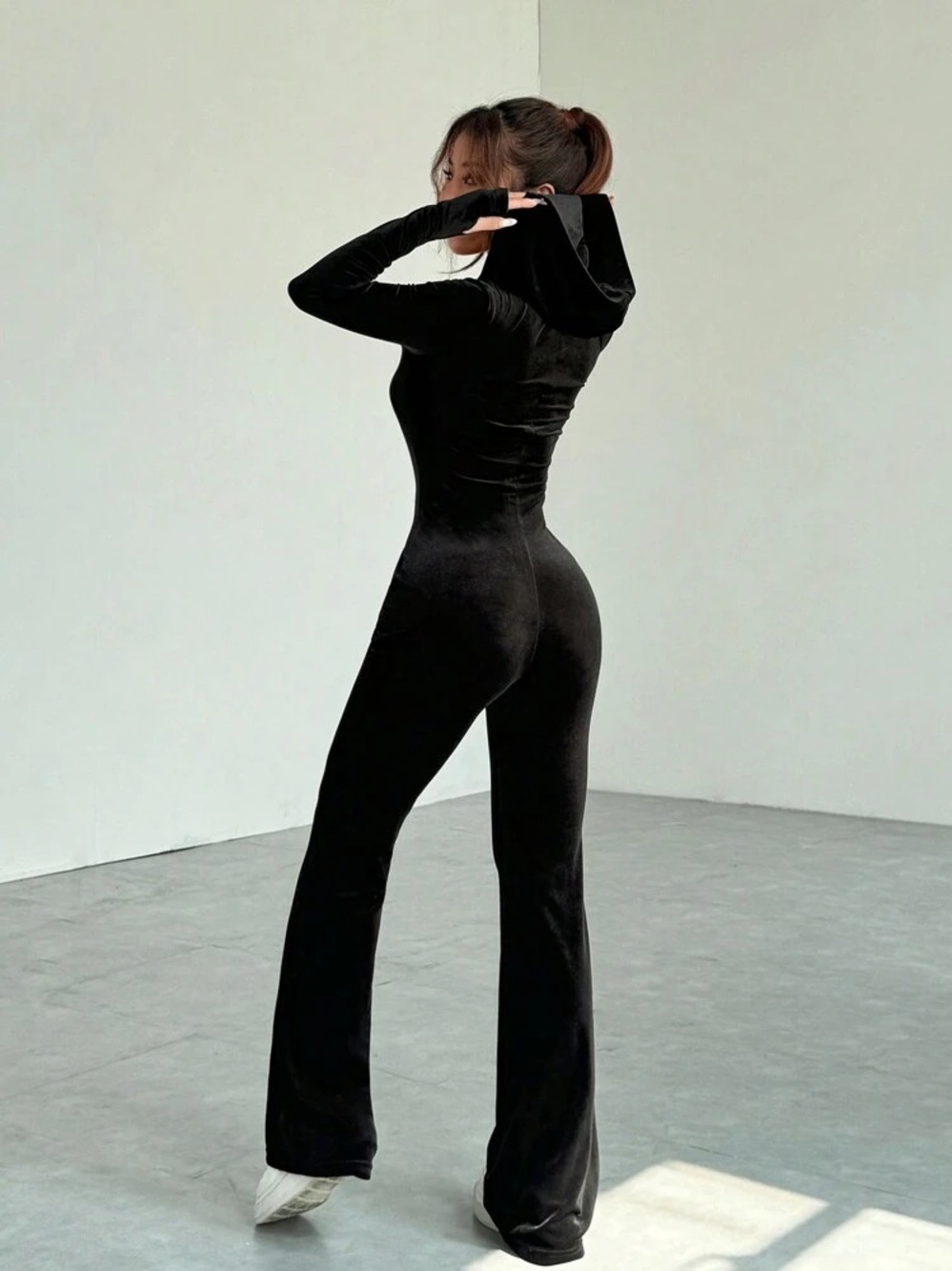 Flared black Velvet Hooded Jumpsuit